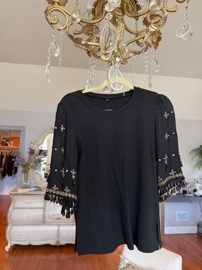 Kobi Halperin Black Crewneck Top with beaded sleeves Detail